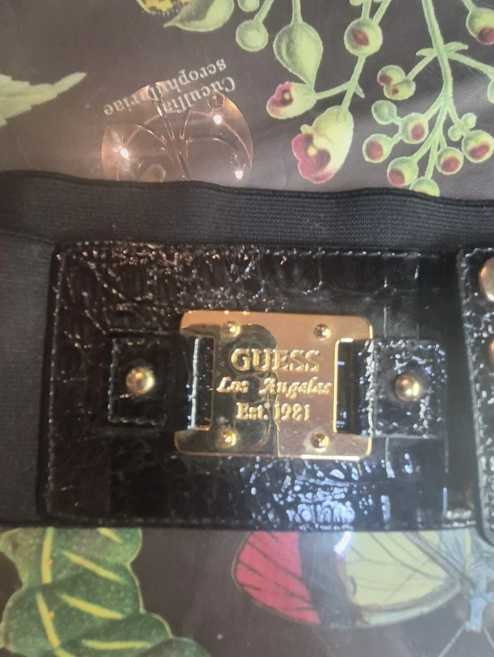 GUESS Black Croc-Embossed Belt with Gold Plaques and Studs